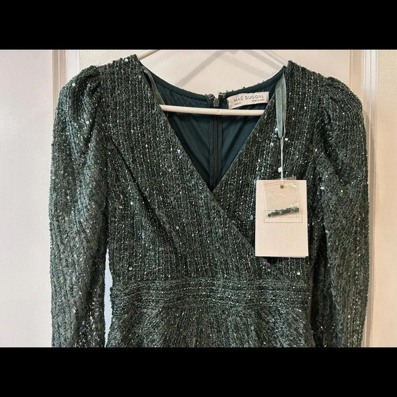 Mac Duggal Long Sleeve Beaded Lace Sequin Green Midi Cocktail Dress Sz 4 NWT - Picture 9 of 16